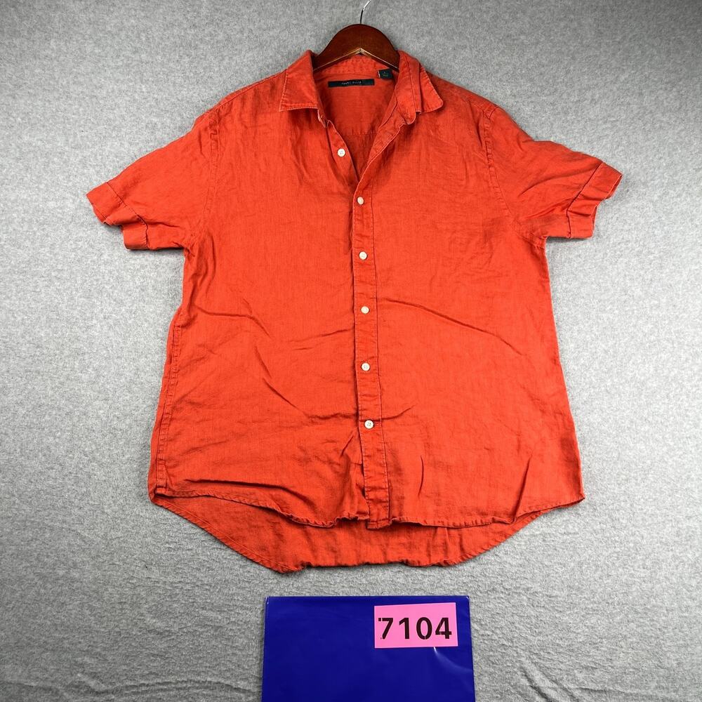 Perry Ellis Linen Shirt Orange Beach casual Button Up Short Sleeve Mens Large